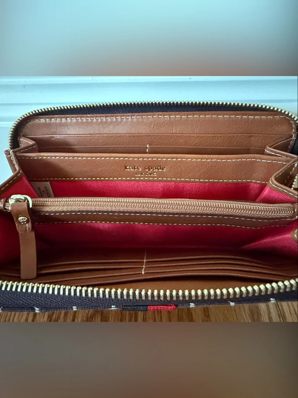 kate spade brown & white Geo Print Zip Wallet with Red Stripe